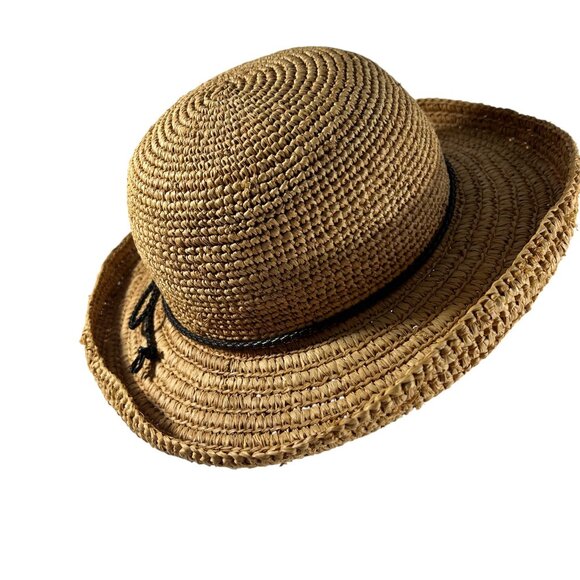 Laura Ashley Raffia Straw Hat Black Bow Rolled Brim Summer Garden Outdoor